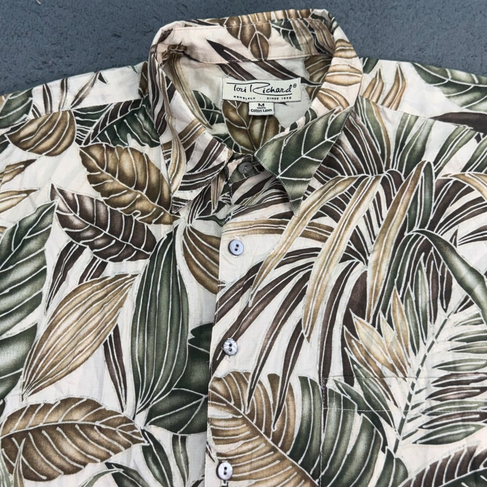 Tori Richard Shirt Mens M Beige Green Cotton Lawn Tropical Leaf Button Down